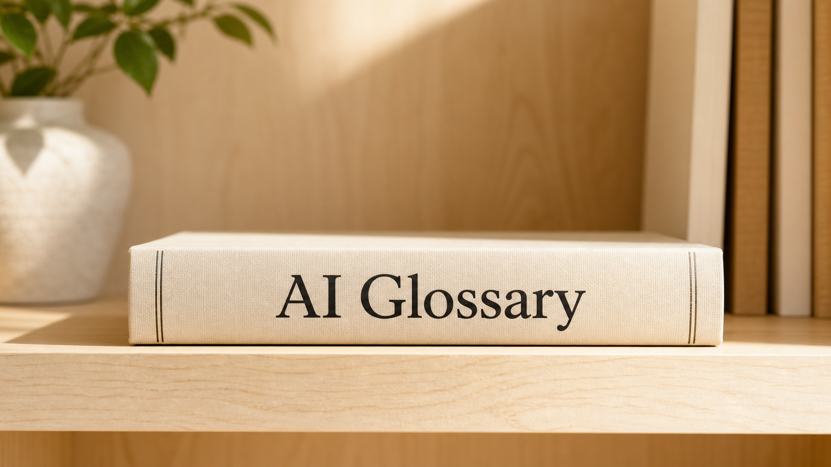 Light wood bookshelf image with a book titled AI Glossary